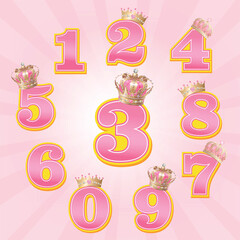 Pink Princess Birthday Numbers Clipart Set 0&ndash;9 with Crowns &ndash; Royal Girl Party Graphics
