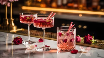 Elegant rose cocktails with petals for Valentine's Day celebration