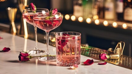 Luxury rose infused cocktails with bokeh background for Valentine's