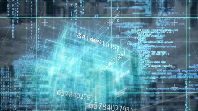 Translucent data cube emerging in code matrix rotating and updating numbers for visualizing data