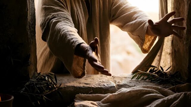 A man in ancient clothing unfolds a linen cloth in a cave, symbolizing the resurrection of Jesus and the celebration of Easter, Christianity, and faith.