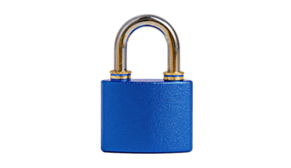 A close-up shot of a blue and gold padlock isolated on a black background