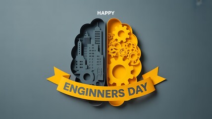 A paper cut brain split in two parts displays a city and gears with an Engineers Day banner
