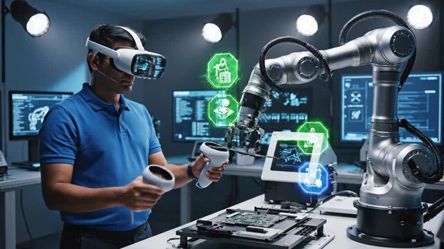 Virtual Reality Engineer Interacting with Robotic Arm in Futuristic Lab Environment.