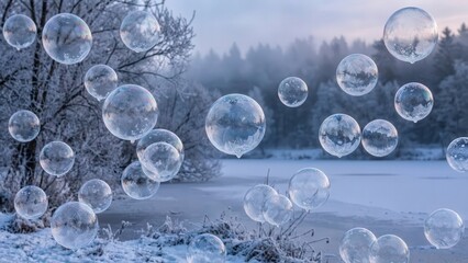 Enchanting Winter Scene with Bubbles Over Snowy Landscape
