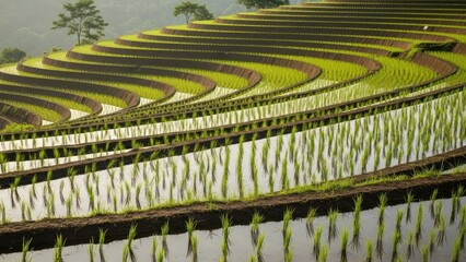 Terraced rice paddies cascade down a hillside, flooded with shallow water