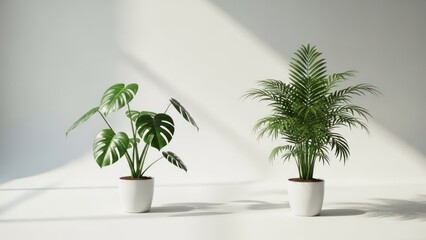 Two potted green plants against a white wall, sunlight casting diagonal shadows