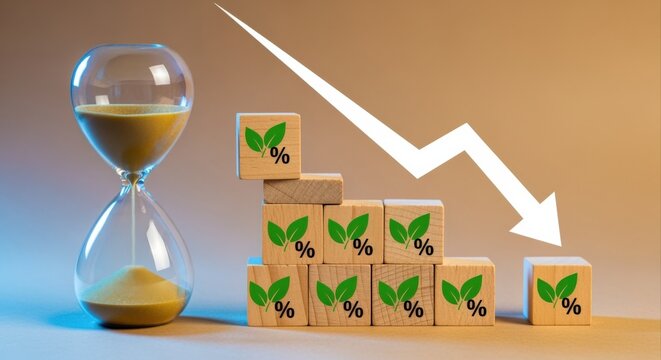 Declining Sustainable Growth: Hourglass and Wooden Blocks Illustrate Reduced Percentage with Downward Arrow