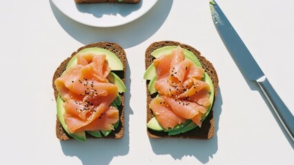 Two avocado toasts with smoked salmon on a white surface, knife present