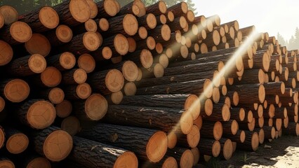 Timber pile logs stacked, sunshine rays, wood grain visible in sunlight