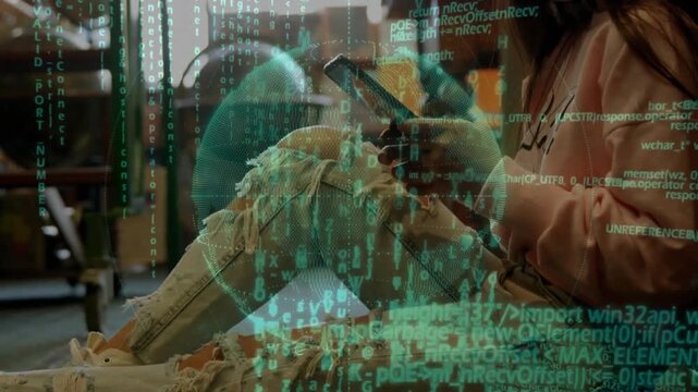 Woman sitting floor tapping phone activating teal hologram sphere and growing code streams for tech