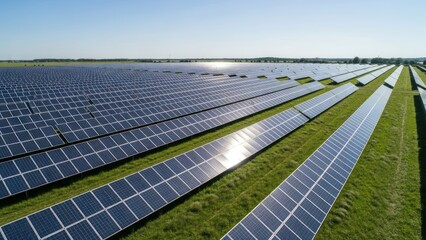 Vast solar panel array spanning green fields, reflecting sunlight on many surfaces