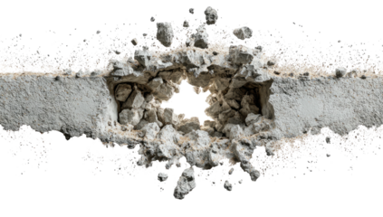 Close-up of concrete slab with a hole, showcasing broken fragments and textured surface