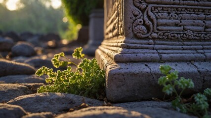 Close-up view of lush green plants growing around a stone pillar on a cobblestone path at sunrise