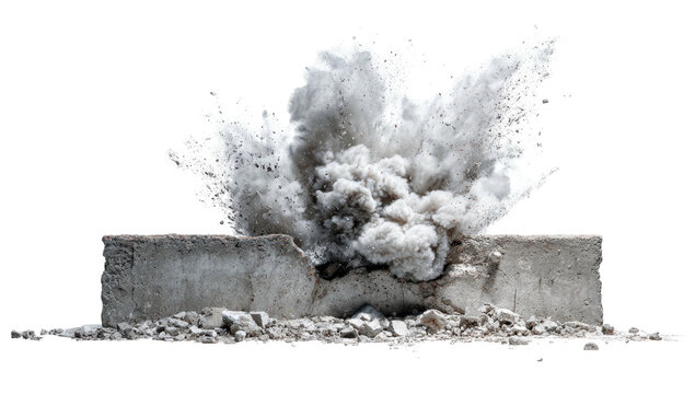 A concrete structure is exploding with a large cloud of billowing white dust against a black background