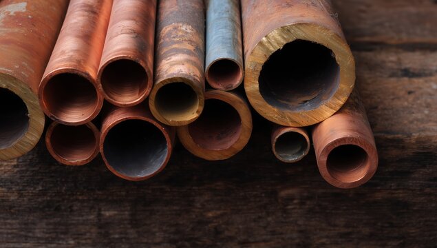 Copper and brass tubes of different sizes displaying their oxidized surfaces and hollow interiors, arranged on a dark wooden surface, symbolizing metalworking, plumbing, and raw materials