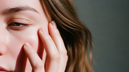 Woman's face close-up, hand touches cheek, soft light, neutral gray background
