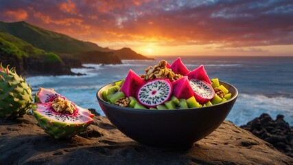 Obraz premium Vibrant bowl of tropical fruit salad featuring dragon fruit and kiwi against a stunning ocean sunset