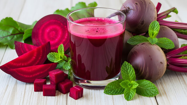 Freshly prepared beet juice in a glass with whole and sliced beets and mint leaves on a wooden table, highlighting healthy eating.