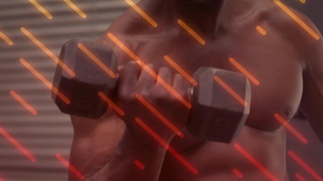 Man starting slow biceps curl for fitness, lifting hex dumbbell with orange streaks crossing torso