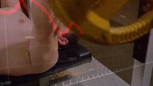 Man lifting bar and bench-pressing during fitness while yellow plate, grid and red graph tracking
