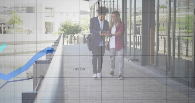 Two men walking to camera, tapping phone and sparking finance charts growing while checking markets