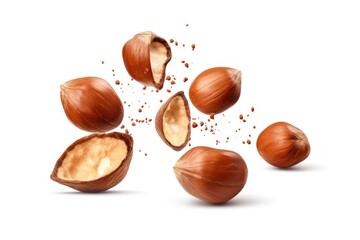 Obraz premium Falling five hazelnut food white background ingredient.