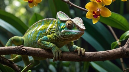 Naklejka premium Colorful chameleon perched on a branch surrounded by vibrant orchids in a lush tropical setting