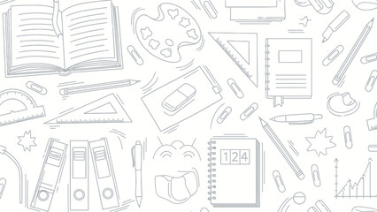 Seamless Pattern of School Supplies and Stationery Doodles on White Background