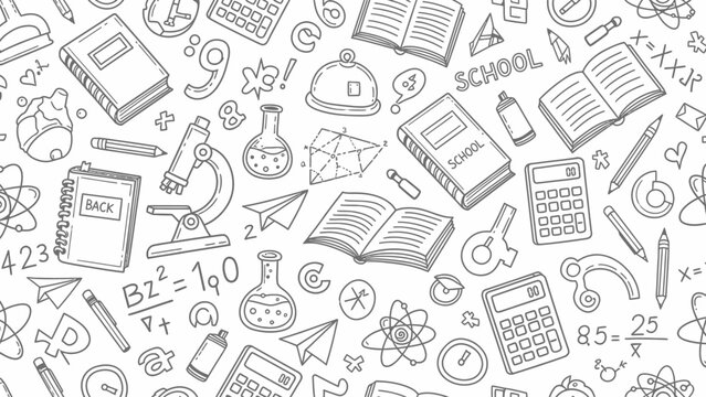 Seamless Pattern of School Supplies and Educational Symbols in Doodle Style