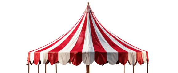 A classic circus tent in red and white stripes, stands tall with scalloped edges against black