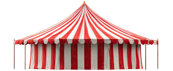 A large, red and white striped tent, with scalloped edges. A classic design