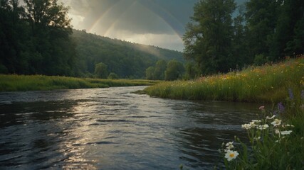 Scenic river flowing through lush green landscape under a double rainbow with flowers in foreground