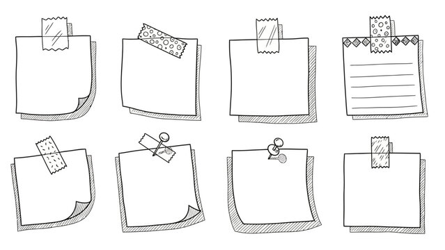 A collection of eight hand-drawn sticky notes, some with tape and some with pushpins, in a simple sketch style.