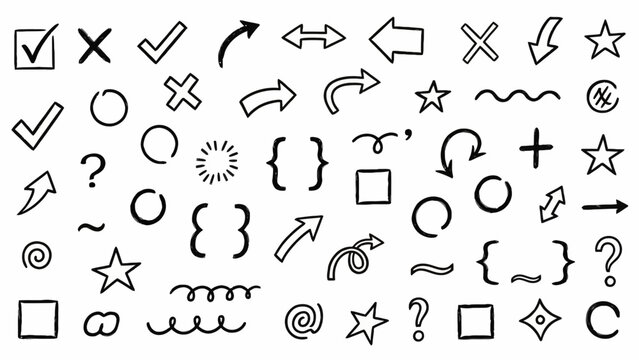 A collection of hand-drawn doodle icons including arrows, checkmarks, crosses, stars, question marks, and curly braces.