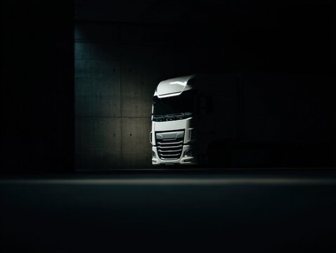 Sleek Commercial Truck Emerging from Shadow, Transportation and Logistics Industry Concept, Modern Design