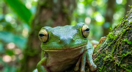 Close-up portrait of green tree frog resting on mossy branch in tropical forest, showing detailed skin texture and expressive eyes. Wildlife macro image with natural background and copy space.