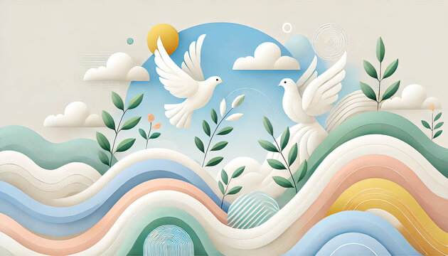 Symbolic Peace Illustration Featuring Flying Doves, Harmony, Nature and Calm Pastel Waves