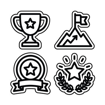 Collection of dynamic outline icons symbolizing various aspects of success, achievement, goal attainment, and recognition through trophies, medals, and challenges