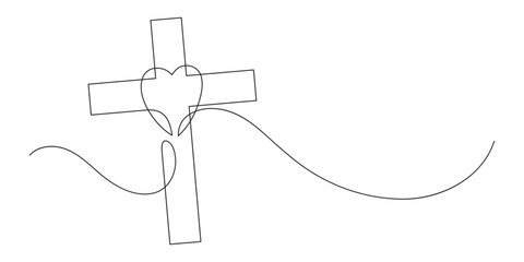 Christianity love. Heart and cross. Continuous line drawing. Religion concept.