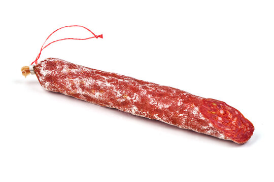 Fuet sausage with red string, isolated on white background
