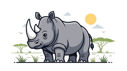 Fototapeta premium A cartoon illustration of a rhinoceros standing in a savanna landscape with acacia trees and a sun.