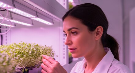 Woman scientist inspecting microgreens under LED grow lights