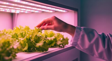 Researcher inspecting lettuce under LED grow lights in vertical farm
