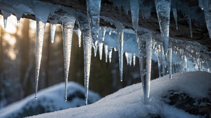 Icicles hanging from a snow-covered log in a serene winter landscape with soft sunlight filtering through trees