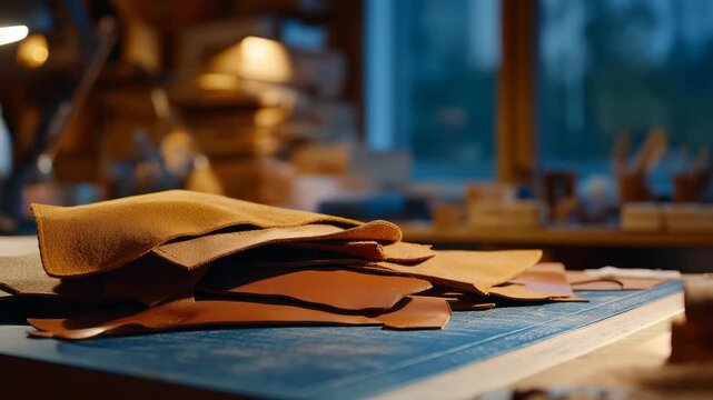 Leather bag assembly in progress, panels laid out with chalk markings and templates, illustrating planning, accuracy, and product design workflow. cinematic color correction, natural uneven