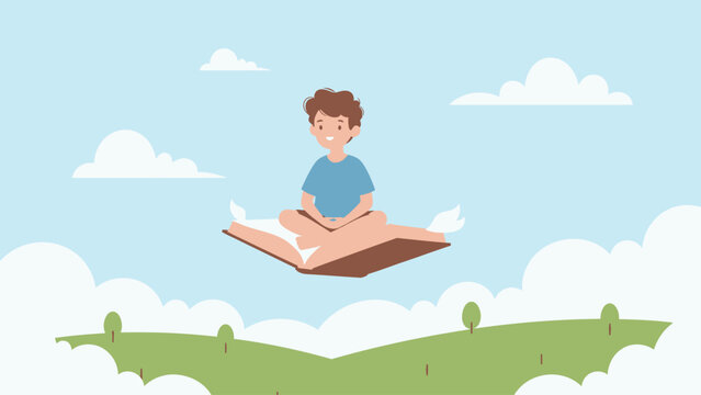 Child Flying on Open Book: Education, Reading, Imagination, Fantasy Adventure, Knowledge Journey Vector Illustration.