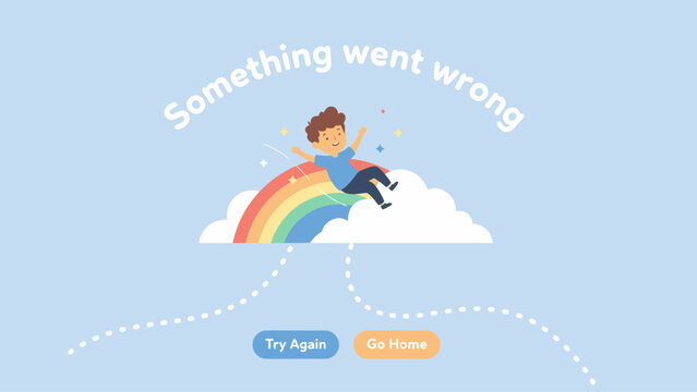 Something Went Wrong Screen. Friendly Error Page UI/UX Template. Cute Cartoon Boy Falling Off Rainbow Cloud. 404 Page Concept Vector.