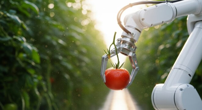 Robotic arm harvesting a fresh red tomato in a modern greenhouse