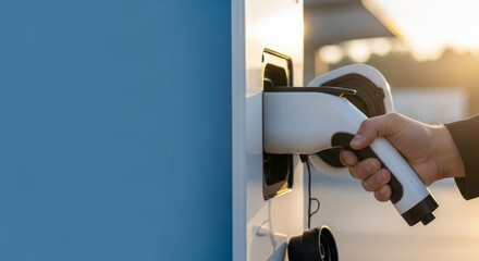 Hand holding EV charging plug at power station with copy space